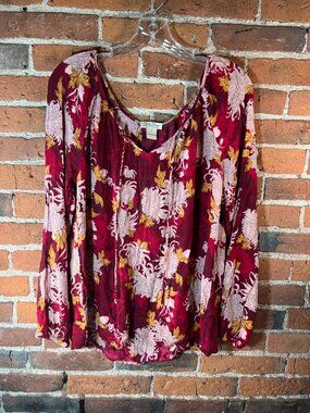Lucky Brand Burgundy Floral Peasant Blouse | Long Sleeve Boho | Size L